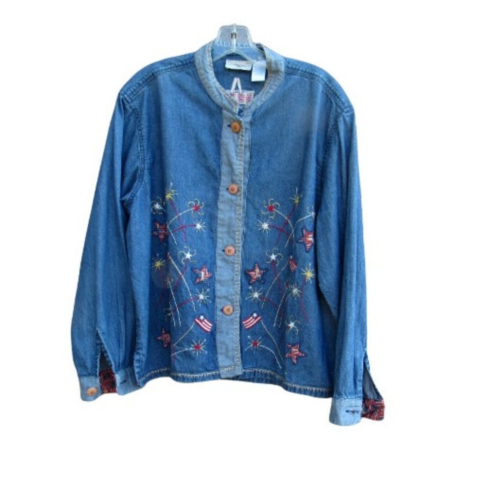 Longaberger Homestead Fireworks Denim Shirt Jacket 4th of July Embroidered XL